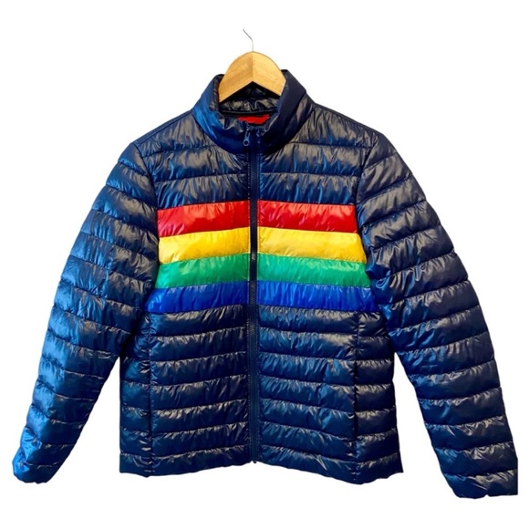 Primary Rainbow Bright Stripe Lightweight Puffer Navy Jacket, Womens size Medium - Picture 9 of 11